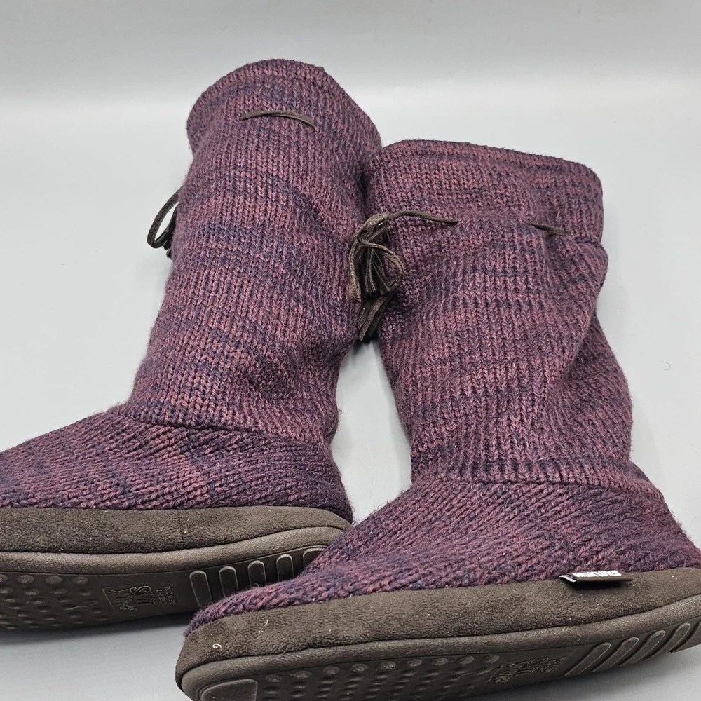 Muk Luks Tall Purple Knit Boots Slippers Winter Faux Fur Womens Size 9/10 Large
